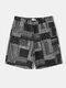 Mens Paisley Scarf Print Loose Mid Length Denim Shorts With Pocket - Black