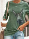 Cartoon Donkey Long Sleeve O-neck Casual Blouse For Women - Green