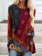 Vintage Ethnic Print Long Sleeve O-neck T-shirt - Red