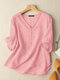 Solid Half Sleeve V-neck Casual Blouse For Women - Pink