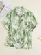 Tie Dye Flower Print Pocket Loose Button Short Sleeve Lapel Shirt - Light Green