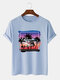 Mens Coconut Tree Landscape Print Cotton Short Sleeve T-Shirts - Blue