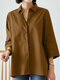 Solid Lapel Loose Casual 3/4 Sleeve Women Shirt - Brown