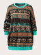Plus Size Vintage Ethnic Pattern O-neck Loose Casual Sweater - Blue