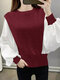 Contrast Patchwork Lantern Sleeve Casual Crew Neck Blouse - Wine Red