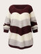 Plus Size Contrast Color Round Neck Knitted Casual Sweater - Wine Red