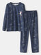 Plus Size Women Cartoon Bear Stars Print O-Neck Drop Shoulder Cotton Cozy Starry Night Pajamas Set - Navy