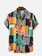 Mens Dot & Geometry Pattern Colorblock Lapel Short Sleeve Shirt - Green