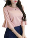 Solid Color O-neck Bell Sleeve T-shirts - Pink