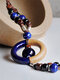Vintage Circle Beaded Tassel Pendant Hand-woven Ceramic Beaded Long Necklace - Blue