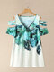 Flower Feather Print Zip Front Hollow V-neck Short Sleeve T-shirt - White