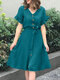Solid Button Ruffle Sleeve V-neck Dress With Belt - Blue