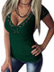 T-shirt da donna a maniche corte con scollo a V profondo patchwork in pizzo - Verde scuro