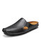 Men Hole Hand Sticthing Leather Non Slip Backless Casual Slippers - Black