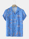 Mens Peach Blossom Print Revere Collar Short Sleeve Shirt - Blue