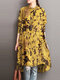 Plants Print Button Long Sleeve Stand Collar High-low Vintage Dress - Yellow