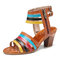 SOCOFY Leather Color Block Ankle Strap Block Heel Open Toe Comfy Heeled Sandals - Coffee
