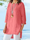 Women Solid Cotton High-Low Hem Long Sleeve Blouse - Pink