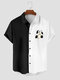 Mens Cartoon Cat Panda Print Patchwork Lapel Short Sleeve Shirts Winter - Black