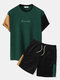 Mens Letter Embroidery Knitted Patchwork Crew Neck Short Sleeve Two Pieces Outfits - Green