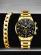 2 Pcs/Set Alloy Men Casual Round Big Dial Watch Decorated Pointer Calendar Quartz Watch Chain Bracelet - #01