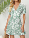 Zip Short Sleeve V-neck Ruffle Print Dress for Women - Green