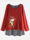 Stripe Print Fake Two Pieces Cartoon Long Sleeve Blouse - Red