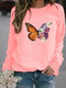 Flower Butterfly Print Long Sleeve Sweatshirt For Women - Pink