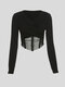 Solid Stitch V-neck Long Sleeve Crop Top For Women - Black