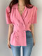 Women Double Breasted Puff Sleeve Solid Lapel Blazer - Pink