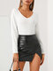 Women Solid Color Lace Patchwork V-neck Long Sleeve T-Shirt - White
