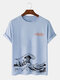 Mens Wave Slogan Print Crew Neck Cotton Short Sleeve T-Shirts - Blue
