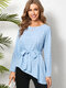 Plaid Print Knotted Long Sleeve Casual Blouse For Women - Blue