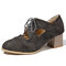 Women Brogue Carved Chunky Heel Shoes - Gray