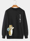 Mens Japanese Cat Print Crew Neck Loose Pullover Sweatshirts - Black