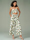 Tropical Flower Print Self Tie Halter Backless Two Pieces Suit - White