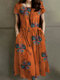 Flower Print Drawstring Waist Pocket Short Sleeve Vintage Dress - Orange
