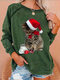 تي شيرت جميل مطبوع عليه قطة عيد الميلاد بأكمام طويلة ورقبة دائرية مقاس Plus - أخضر