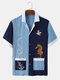 Men Towel Patchwork See Horse Embroidered Front Buttons Revere Collar Hawaii Shirts - Blue