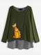 Cartoon Cats Print Striped Patchwork Button Plus Size Blouse - Green