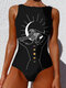 Women Starry Sky Hand Print High Neck Sleeveless One Piece Slimming Swimwear - Black3