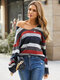 Multicolor Striped V-neck Long Sleeve Casual T-shirt For Women - Red