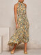 Floral Print Halter Sleeveless Belt Women Maxi Dress - Yellow