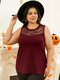 Plus Size Crew Neck Lace Sleeveless Tank Top - Wine Red