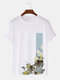 Mens Floral Plant Print Color Block Crew Neck Short Sleeve T-Shirts - White