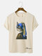 Mens Abstract Art Cat Graphic Crew Neck Short Sleeve T-Shirts - Khaki