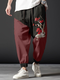 Mens Chinese Plum Bossom Print Contrast Patchwork Drawstring Waist Pants - Wine Red