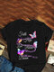 Butterflies Print O-neck Plus Size T-shirt for Women - Black
