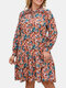 Elegant Floral Print Plus Size Long Sleeve Crew Neck Midi Dress - Multicolor
