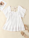 Guipure Lace Solid Square Collar Short Sleeve Blouse - White